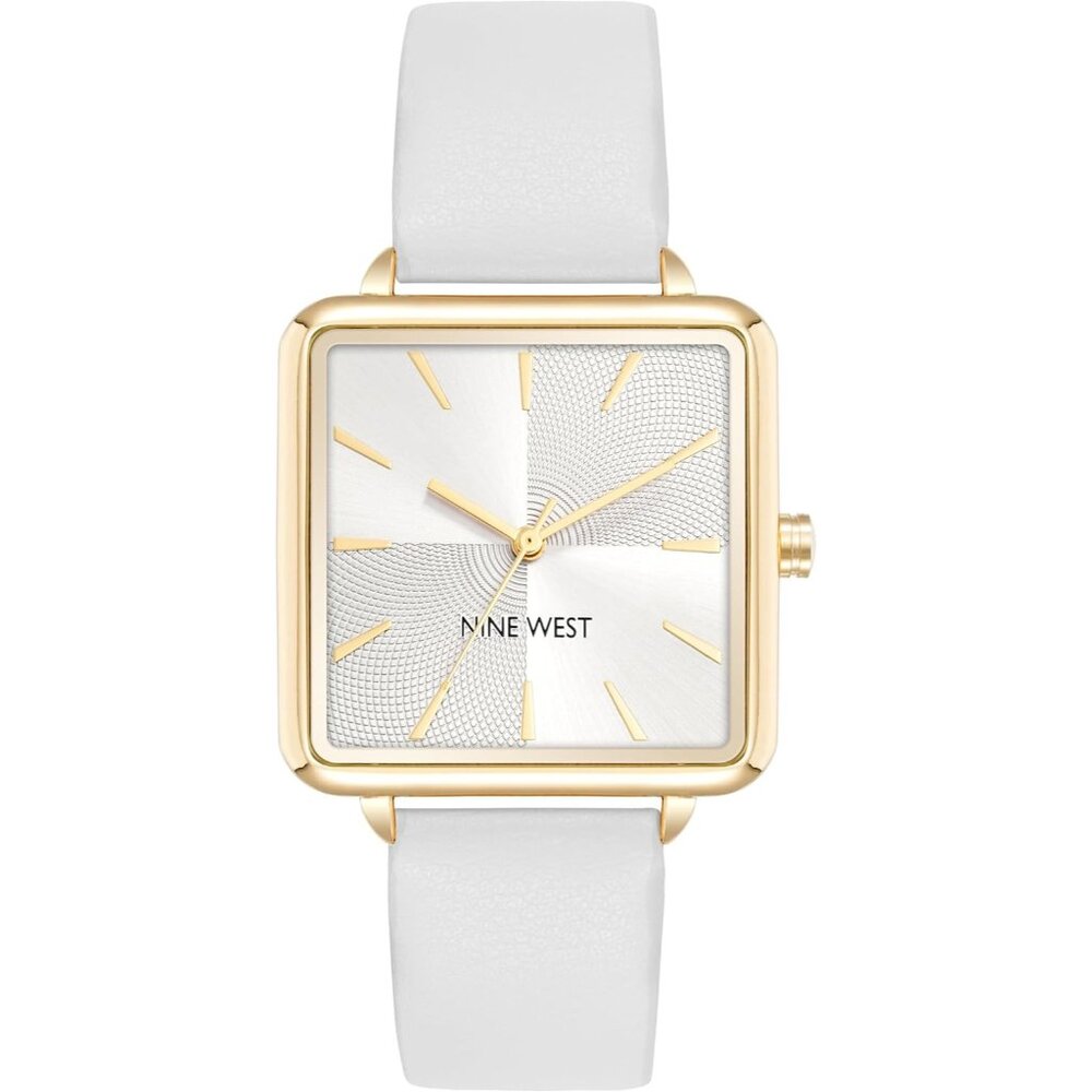 Women's White/Gold Tone Buckle Closure Faux Leather Strap Crystal Lens Watch